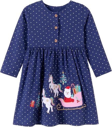 Hongshilian Girl's Cotton Christmas Dress Cute Cartoon Appliques Long Sleeved Swing A-Line Casual Tunic Playwear in Kuwait