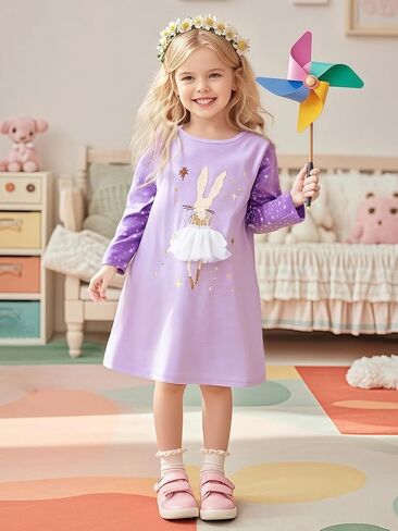 Hongshilian Girl's Cotton Christmas Dress Cute Cartoon Appliques Long Sleeved Swing A-Line Casual Tunic Playwear in Kuwait
