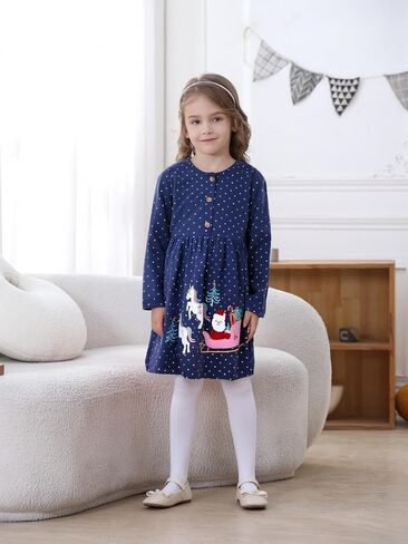 Hongshilian Girl's Cotton Christmas Dress Cute Cartoon Appliques Long Sleeved Swing A-Line Casual Tunic Playwear in Kuwait