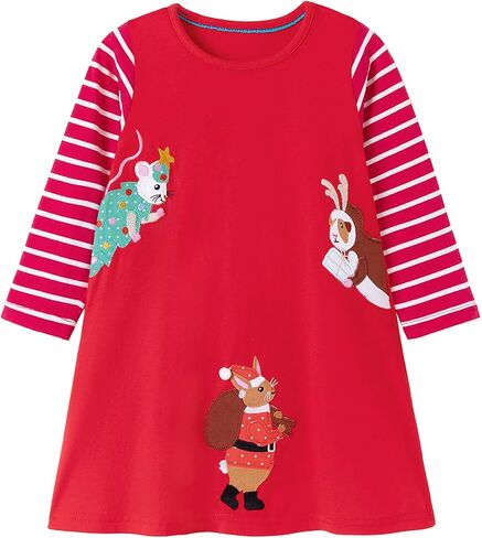Hongshilian Girl's Cotton Christmas Dress Cute Cartoon Appliques Long Sleeved Swing A-Line Casual Tunic Playwear in Kuwait