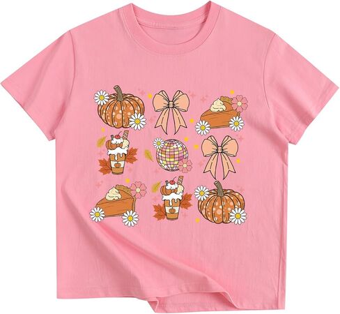 Girls Thanksgiving Shirt Pumpkin Bow T-Shirt Fall Cotton Short Sleeve Tees 2-12 Years in Kuwait
