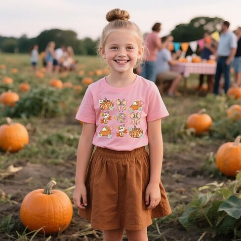 Girls Thanksgiving Shirt Pumpkin Bow T-Shirt Fall Cotton Short Sleeve Tees 2-12 Years in Kuwait