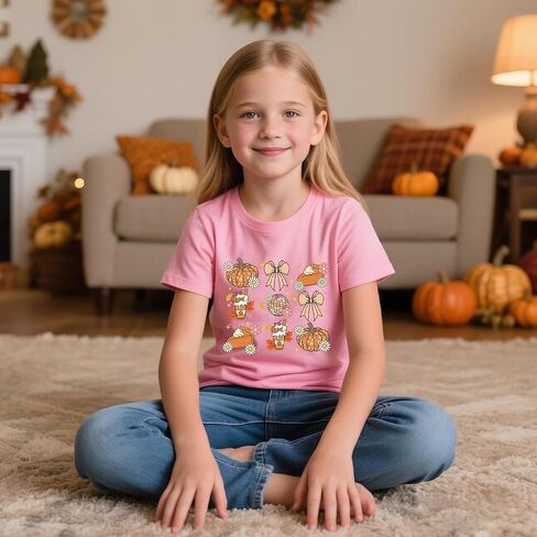 Girls Thanksgiving Shirt Pumpkin Bow T-Shirt Fall Cotton Short Sleeve Tees 2-12 Years in Kuwait