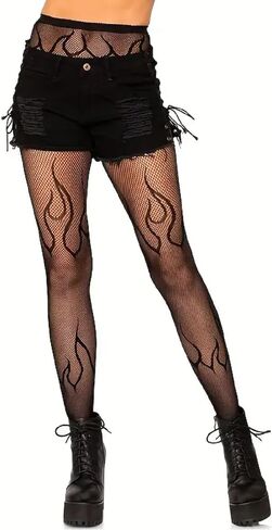 Women's Fire Patterned Fishnet Tights Fire Blaze Pantyhose, Flames Tights, Fire Mesh Stockings for Halloween Cosplay in Kuwait