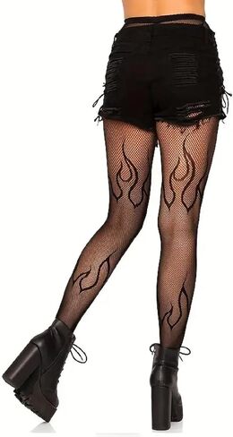 Women's Fire Patterned Fishnet Tights Fire Blaze Pantyhose, Flames Tights, Fire Mesh Stockings for Halloween Cosplay in Kuwait