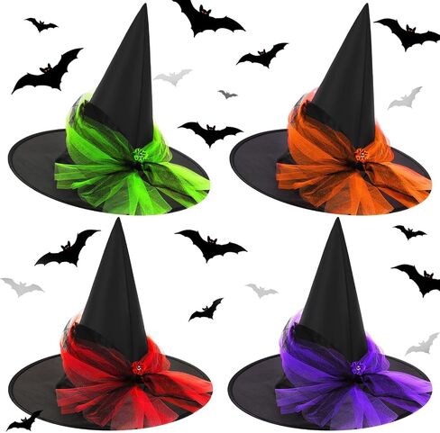 Mepase 4 Pieces Halloween Black Witch Hat Wizard Hat Costume Party Hats for Women Halloween Dress Decorations Cosplay Birthday Masquerade Accessory in Saudi Arabia