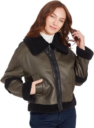 FRYE Women's Zip FT Faux Shearling Bomber, Olive in Saudi Arabia