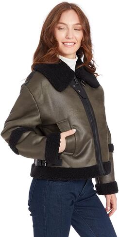 FRYE Women's Zip FT Faux Shearling Bomber, Olive in Saudi Arabia