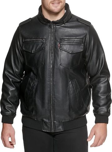 سترة Levi's للرجال من الجلد الصناعي Aviator Bomber (مقاسات عادية وكبيرة وطويلة)، مبطنة باللون الأسود/الشيربا in Kuwait
