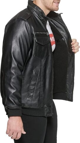 سترة Levi's للرجال من الجلد الصناعي Aviator Bomber (مقاسات عادية وكبيرة وطويلة)، مبطنة باللون الأسود/الشيربا in Kuwait