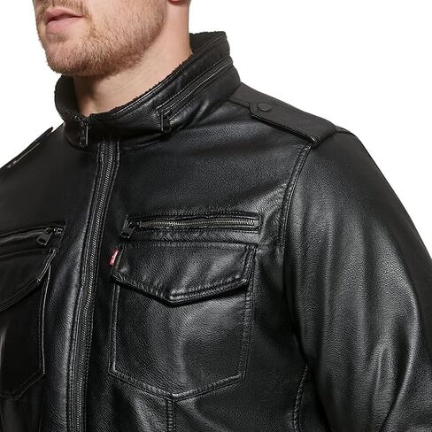 سترة Levi's للرجال من الجلد الصناعي Aviator Bomber (مقاسات عادية وكبيرة وطويلة)، مبطنة باللون الأسود/الشيربا in Kuwait