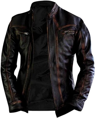 Men's Cafe Racer Motorcycle Jacket - Real Lambskin Distressed Leather Slim Fit Vintage Biker Jackets for Men in Kuwait