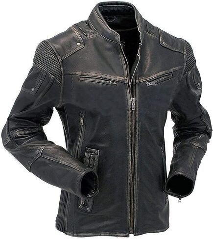 Men's Cafe Racer Motorcycle Jacket - Real Lambskin Distressed Leather Slim Fit Vintage Biker Jackets for Men in Saudi Arabia
