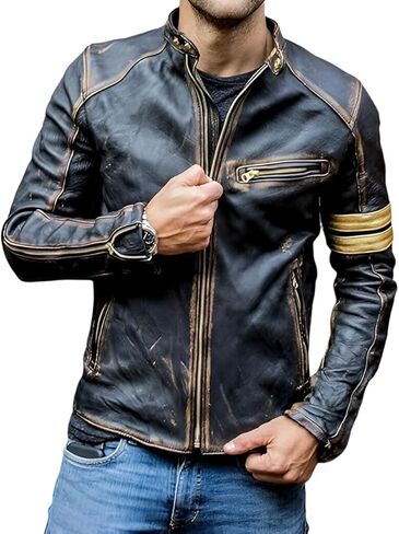 Men's Cafe Racer Motorcycle Jacket - Real Lambskin Distressed Leather Slim Fit Vintage Biker Jackets for Men in Kuwait