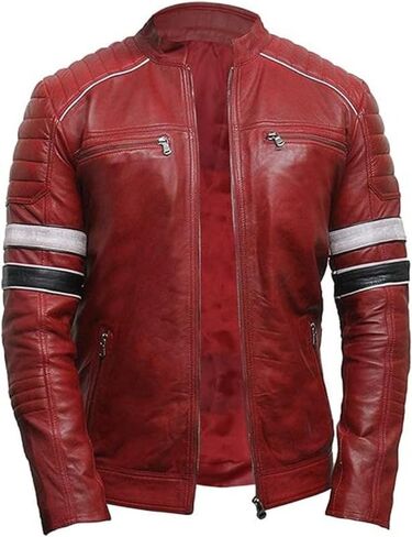 Men's Cafe Racer Motorcycle Jacket - Real Lambskin Distressed Leather Slim Fit Vintage Biker Jackets for Men in Kuwait