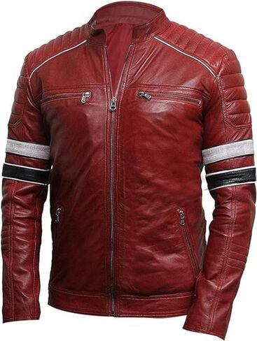 Men's Cafe Racer Motorcycle Jacket - Real Lambskin Distressed Leather Slim Fit Vintage Biker Jackets for Men in Kuwait