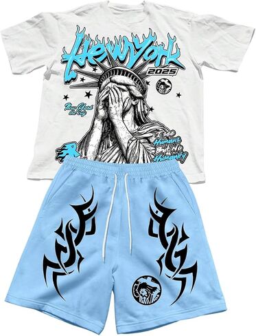 Men's 2 Piece Casual Outfits Y2K Short Sleeve Graphic Tees & Drawstring Track Shorts Streetwear in Saudi Arabia