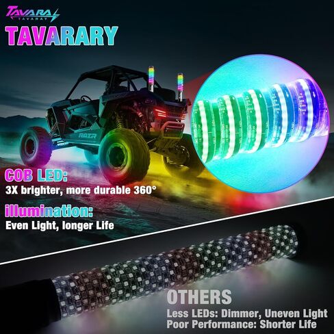 Tavaray 2PCS 1FT COB Fat Whip Lights, App & Remote Control LED Whip Lights for Side by Side, Brake/Signal/Reverse Sync, Spiral RGB Chasing Antenna Compatible with UTV ATV Polaris RZR Can-Am in Kuwait