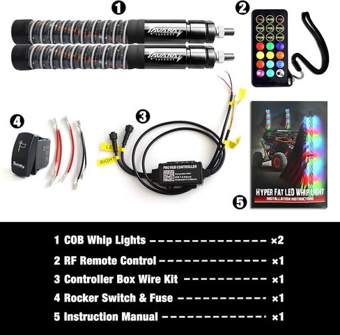 Tavaray 2PCS 1FT COB Fat Whip Lights, App & Remote Control LED Whip Lights for Side by Side, Brake/Signal/Reverse Sync, Spiral RGB Chasing Antenna Compatible with UTV ATV Polaris RZR Can-Am in Kuwait