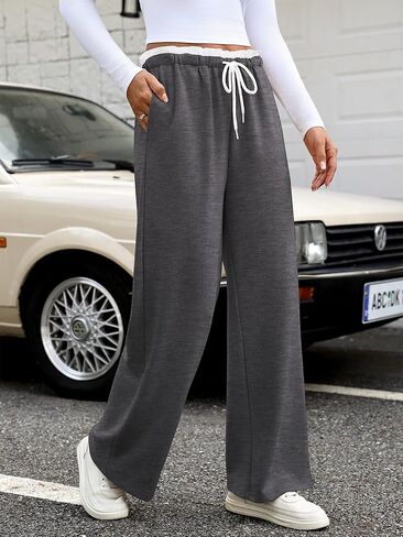 Anbech بنطال رياضي واسع الساق للنساء 2025 منخفض الارتفاع برباط فضفاض بنطال رياضي غير رسمي بنطلون طويل للركض مع جيوب in Kuwait