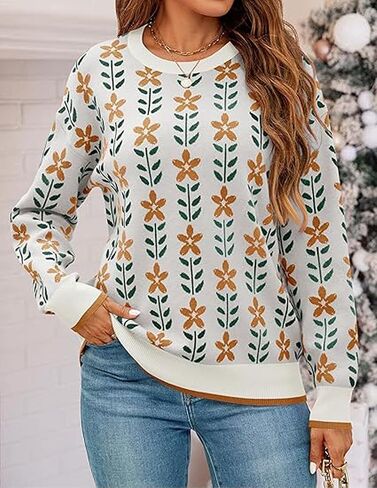 Womens Trendy Floral Sweaters Flower Printed Crewneck Knit Sweater Cute Loose Long Sleeve Fashion Pullover Tops in Kuwait