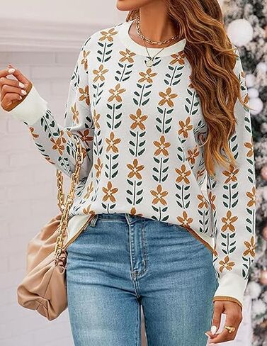 Womens Trendy Floral Sweaters Flower Printed Crewneck Knit Sweater Cute Loose Long Sleeve Fashion Pullover Tops in Kuwait