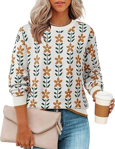 Womens Trendy Floral Sweaters Flower Printed Crewneck Knit Sweater Cute Loose Long Sleeve Fashion Pullover Tops in Kuwait