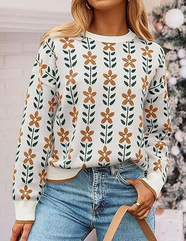 Womens Trendy Floral Sweaters Flower Printed Crewneck Knit Sweater Cute Loose Long Sleeve Fashion Pullover Tops in Kuwait