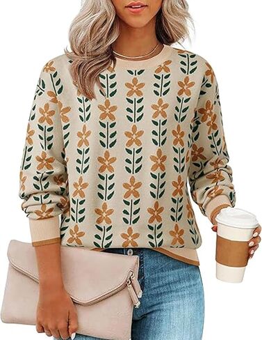 Womens Trendy Floral Sweaters Flower Printed Crewneck Knit Sweater Cute Loose Long Sleeve Fashion Pullover Tops in Kuwait