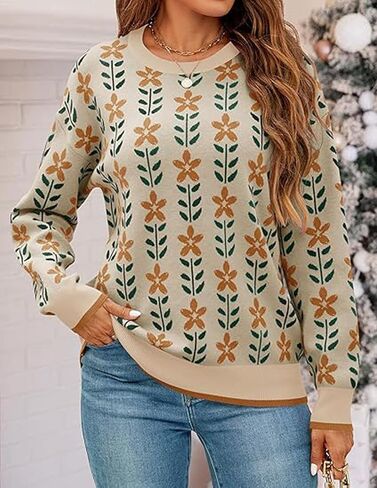 Womens Trendy Floral Sweaters Flower Printed Crewneck Knit Sweater Cute Loose Long Sleeve Fashion Pullover Tops in Kuwait