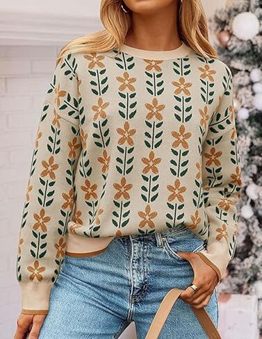 Womens Trendy Floral Sweaters Flower Printed Crewneck Knit Sweater Cute Loose Long Sleeve Fashion Pullover Tops in Kuwait