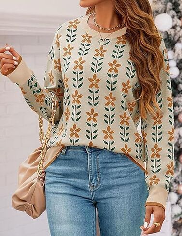 Womens Trendy Floral Sweaters Flower Printed Crewneck Knit Sweater Cute Loose Long Sleeve Fashion Pullover Tops in Kuwait