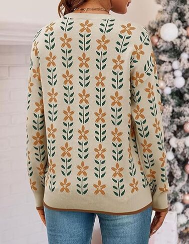 Womens Trendy Floral Sweaters Flower Printed Crewneck Knit Sweater Cute Loose Long Sleeve Fashion Pullover Tops in Kuwait