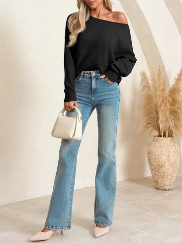 Saodimallsu Womens Off The Shoulder Sweater Boat Neck Batwing Sleeve Knit Pullover 2025 Cute Casual Trendy Jumper Tops in Saudi Arabia