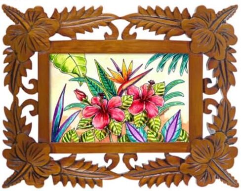 Lunch Money Hibiscus Flower Hawaiian Beach Ocean Themed Wooden Picture Frame - Fits 4 x 6 Photo (Hibiscus Swirl Frame) in Saudi Arabia