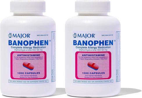 MAJOR Banophen Diphenhydramine HCI 50 mg Capsules - Temporarily Relief from The Symptoms of Hay Fever and Upper Respiratory Allergies - Antihistamine - Allergy Medicine - 1000 Capsules - 1 Pack in Saudi Arabia
