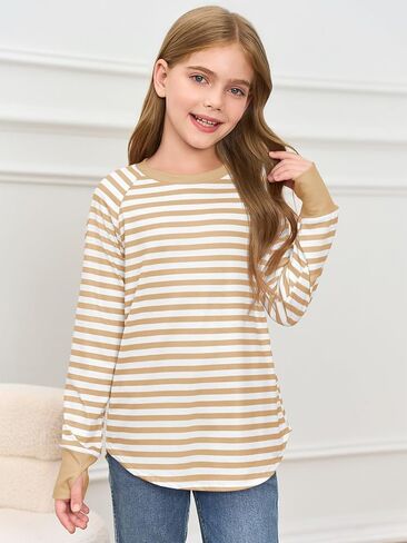Haloumoning Girls Striped Thumb Hole Long Sleeve Shirts Kids Crewneck Tunic Tops Curved Hem Tees 5-14 Years in Kuwait