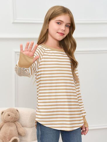 Haloumoning Girls Striped Thumb Hole Long Sleeve Shirts Kids Crewneck Tunic Tops Curved Hem Tees 5-14 Years in Kuwait