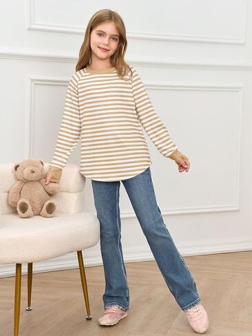 Haloumoning Girls Striped Thumb Hole Long Sleeve Shirts Kids Crewneck Tunic Tops Curved Hem Tees 5-14 Years in Kuwait