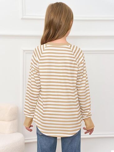Haloumoning Girls Striped Thumb Hole Long Sleeve Shirts Kids Crewneck Tunic Tops Curved Hem Tees 5-14 Years in Kuwait