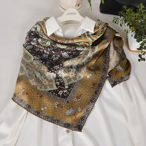 Women 100% Mulberry Silk Scarf Evening Square Shawl 43"*43" - Floral Print, for Party, Travel & Photography (Headscarf/Wrap) in Kuwait