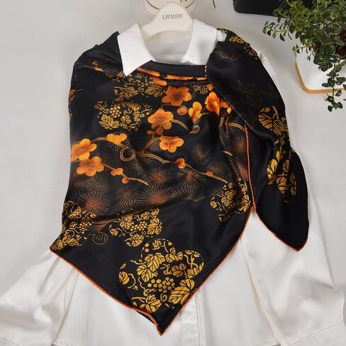 Women 100% Mulberry Silk Scarf Evening Square Shawl 43"*43" - Floral Print, for Party, Travel & Photography (Headscarf/Wrap) in Kuwait