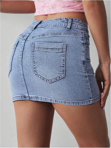MakeMeChic Women's Casual High Waist Bodycon Jean Skirt Button Zipper Fly Mini Denim Skirt Blue D X-Small in Saudi Arabia