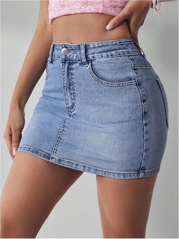 MakeMeChic Women's Casual High Waist Bodycon Jean Skirt Button Zipper Fly Mini Denim Skirt Blue D X-Small in Saudi Arabia