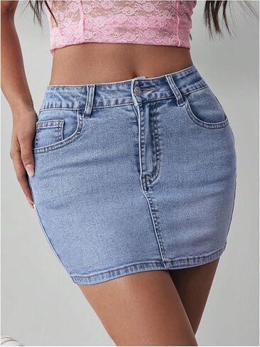 MakeMeChic Women's Casual High Waist Bodycon Jean Skirt Button Zipper Fly Mini Denim Skirt Blue D X-Small in Saudi Arabia