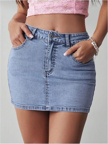 MakeMeChic Women's Casual High Waist Bodycon Jean Skirt Button Zipper Fly Mini Denim Skirt Blue D X-Small in Saudi Arabia