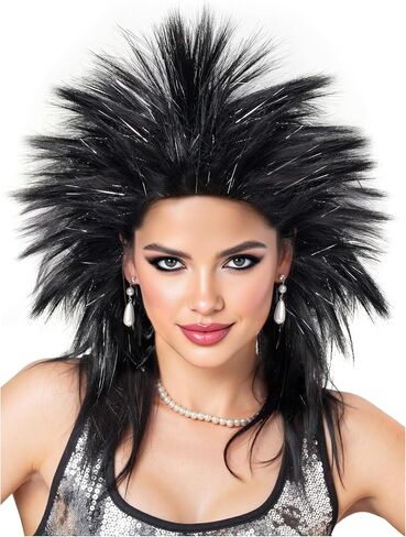Spooktacular Creations Halloween Black Spiked Rock in Roll Wig with Earrings and Necklace,80s Diva Wig Women Rockstar for Adult Big Spiky Hair Black Rock Star Costume Cosplay Dress-up Party Accessory in Saudi Arabia