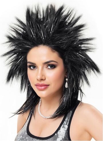 Spooktacular Creations Halloween Black Spiked Rock in Roll Wig with Earrings and Necklace,80s Diva Wig Women Rockstar for Adult Big Spiky Hair Black Rock Star Costume Cosplay Dress-up Party Accessory in Saudi Arabia