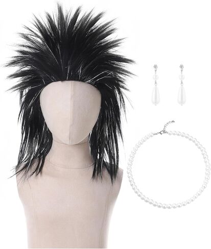 Spooktacular Creations Halloween Black Spiked Rock in Roll Wig with Earrings and Necklace,80s Diva Wig Women Rockstar for Adult Big Spiky Hair Black Rock Star Costume Cosplay Dress-up Party Accessory in Saudi Arabia