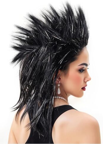 Spooktacular Creations Halloween Black Spiked Rock in Roll Wig with Earrings and Necklace,80s Diva Wig Women Rockstar for Adult Big Spiky Hair Black Rock Star Costume Cosplay Dress-up Party Accessory in Saudi Arabia